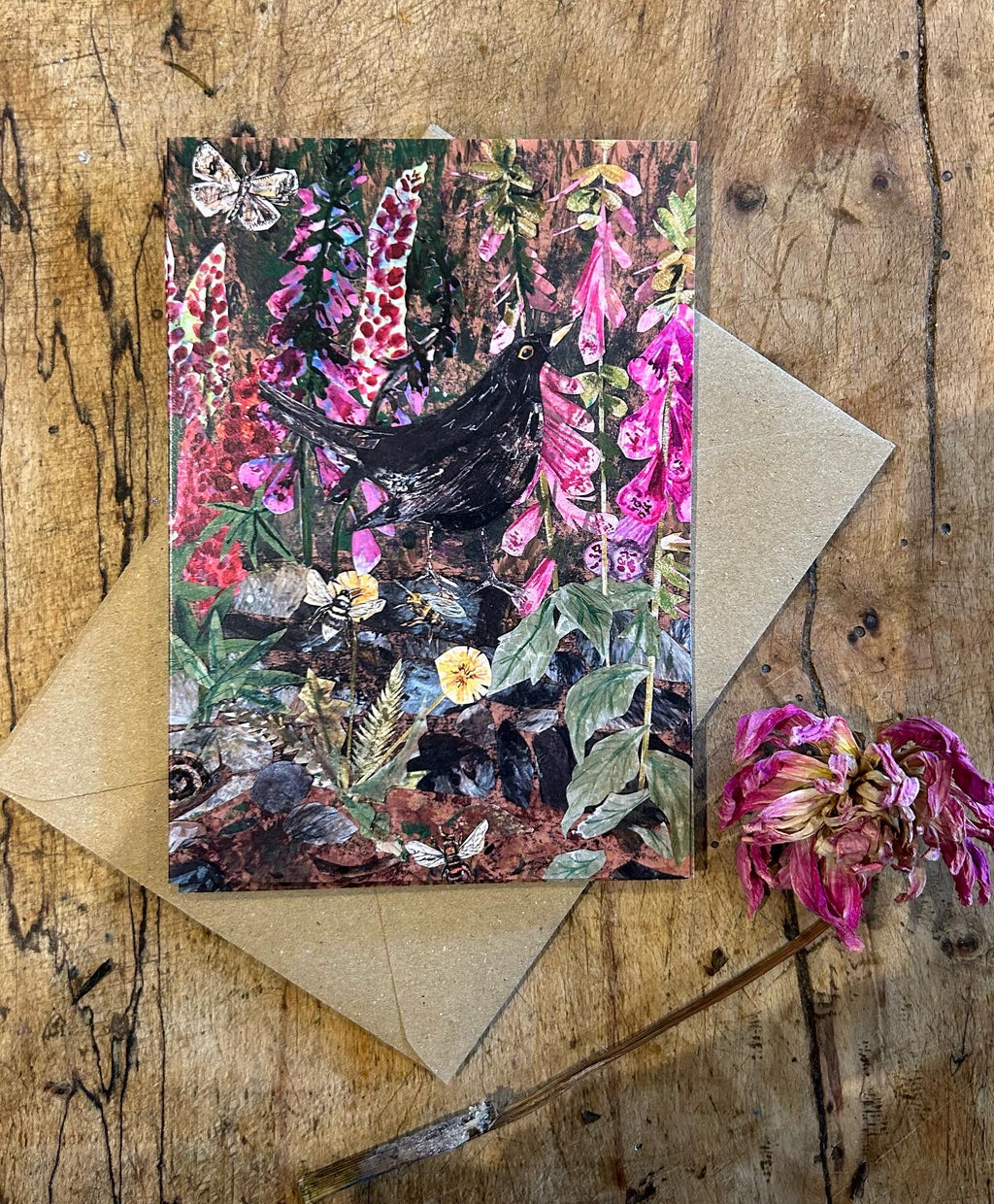 A6 Blackbird in the foxgloves-Blank Greeting Card