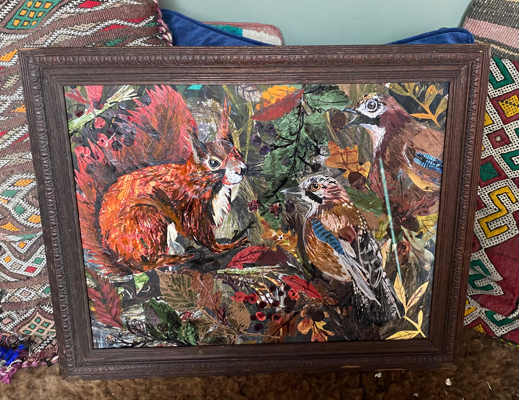 Autumn squirrel - Original Mixed Media Framed Painting.