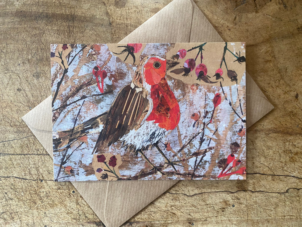 A6 Robin in the rosehips postcard
