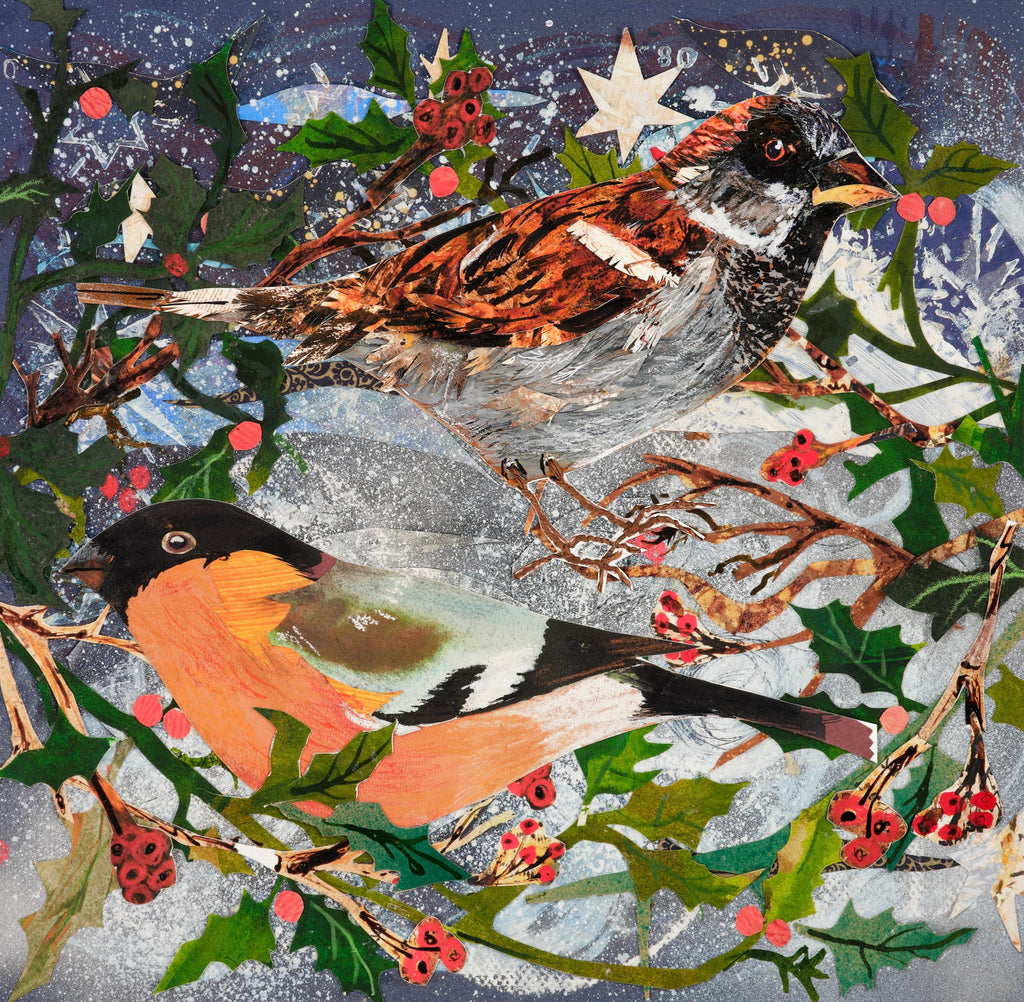 Festive Birds (Bullfinch & Sparrow) square art print