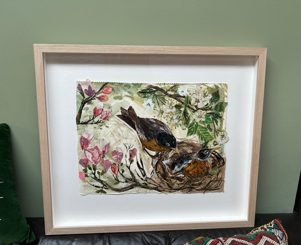 Nesting Robins -Original Mixed Media Float Framed Painting.