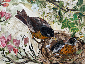 Nesting Robins -Original Mixed Media Float Framed Painting.