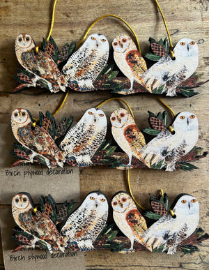 Owls on a branch wooden decoration