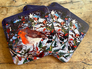 Festive Robin-High Gloss Hardback Coaster