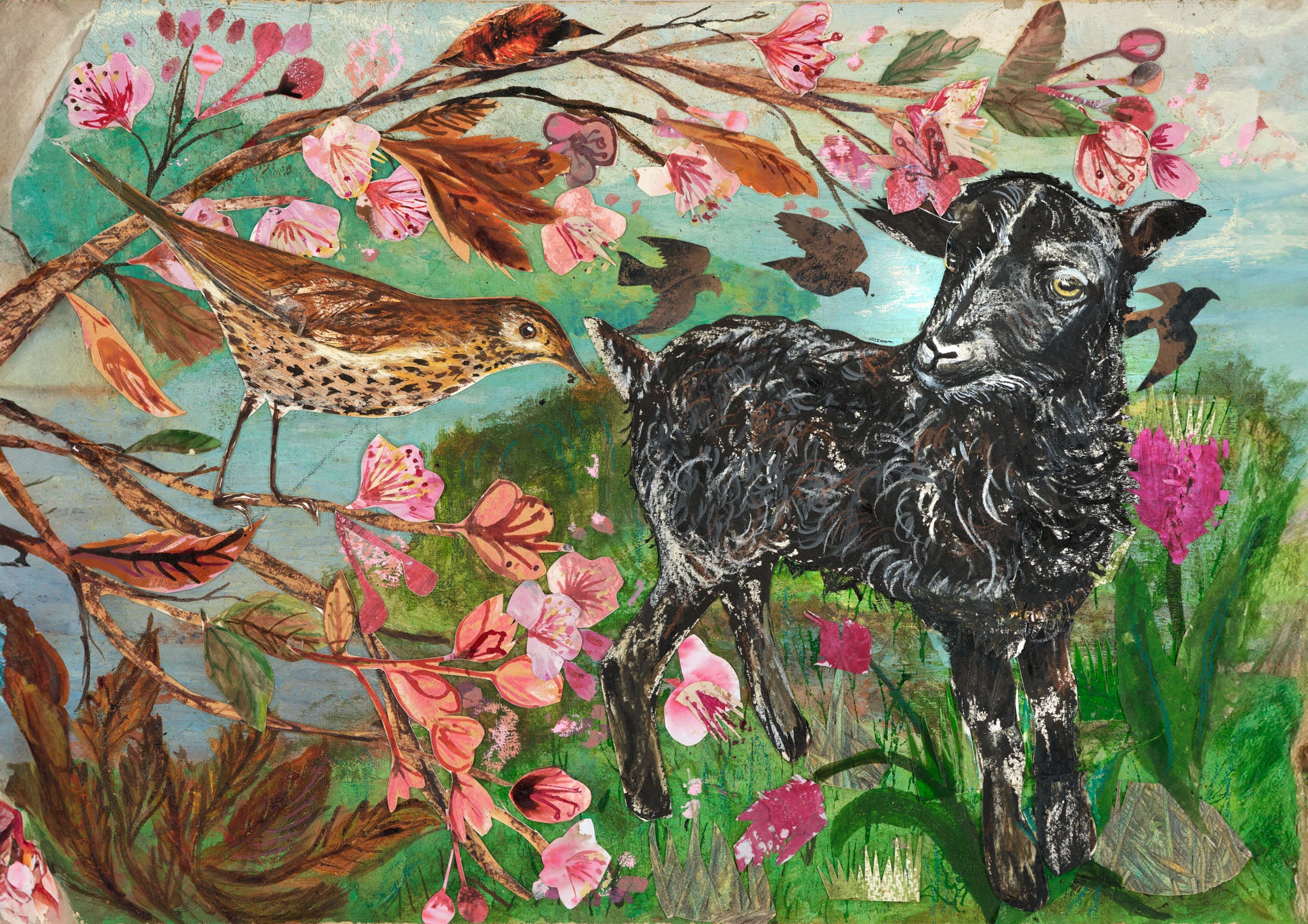 Spring Lamb- Original Mixed Media Painting on board.