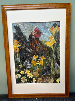 Spring Bantams- Original Mixed Media Framed Painting.