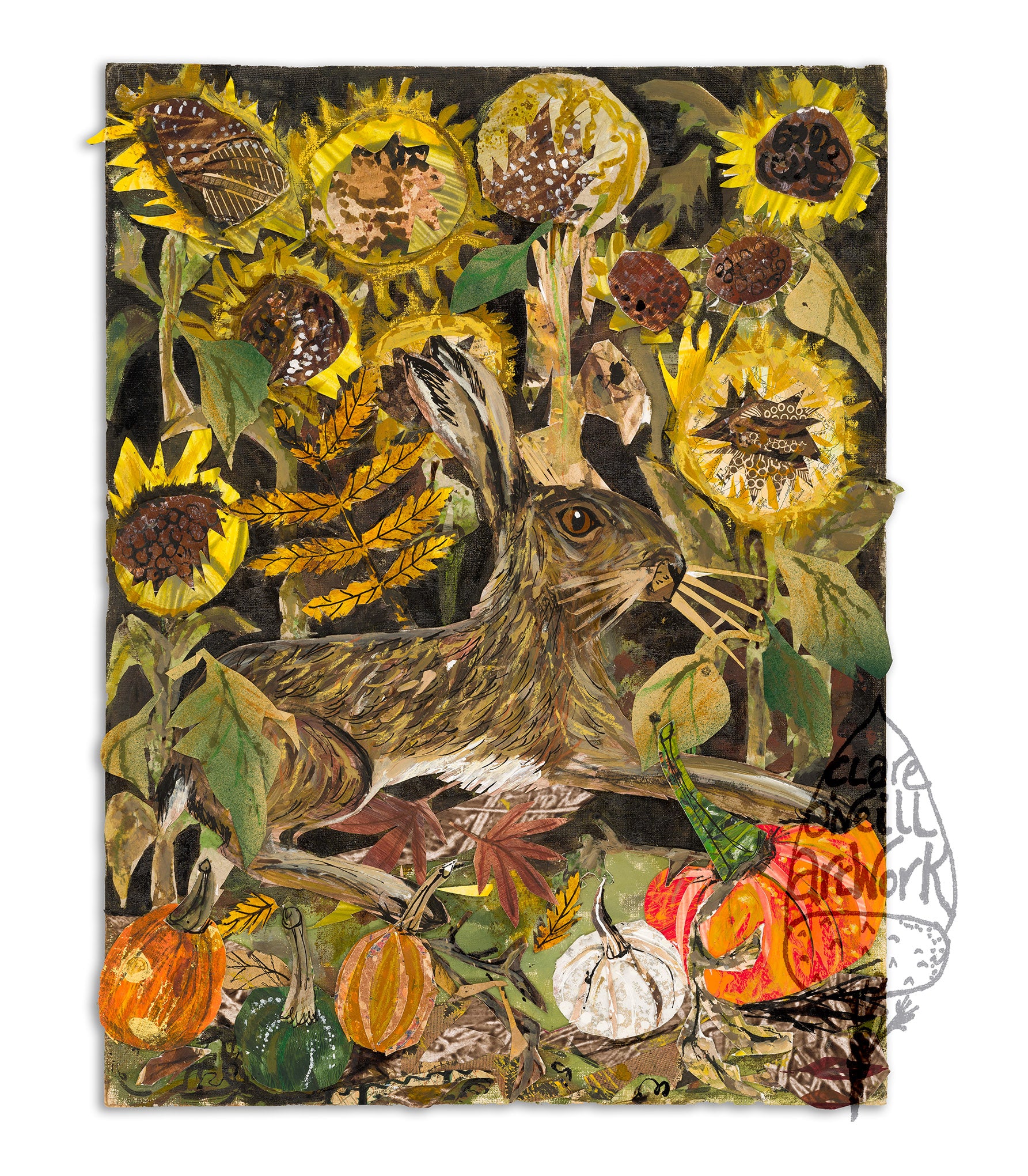 Hare in the Sunflowers- Original Mixed Media Framed Painting.