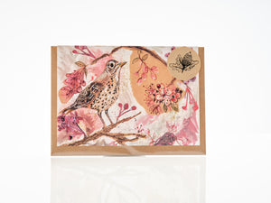 A5 Song Thrush in the cherry blossom-Blank Greeting card.