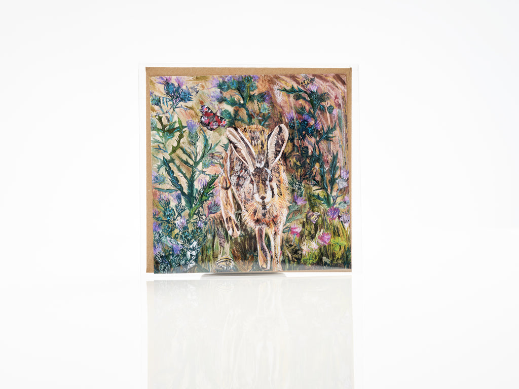 Hare in Thistles - Square blank  Greeting Card