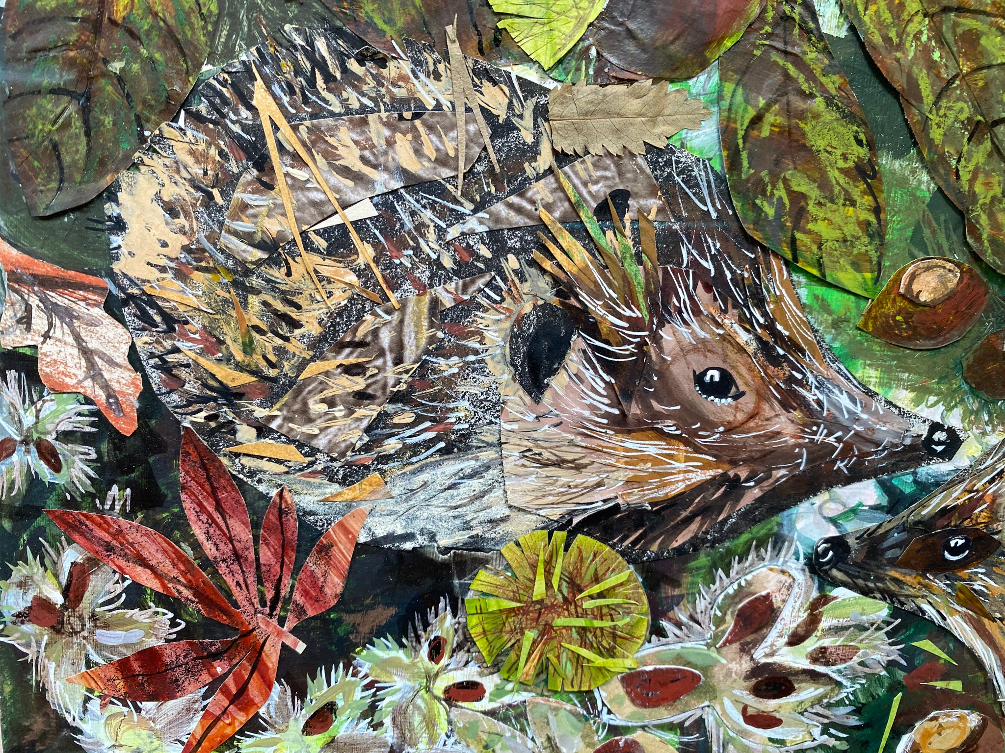 Hedgehogs and chestnuts - Original Mixed Media Framed Painting.