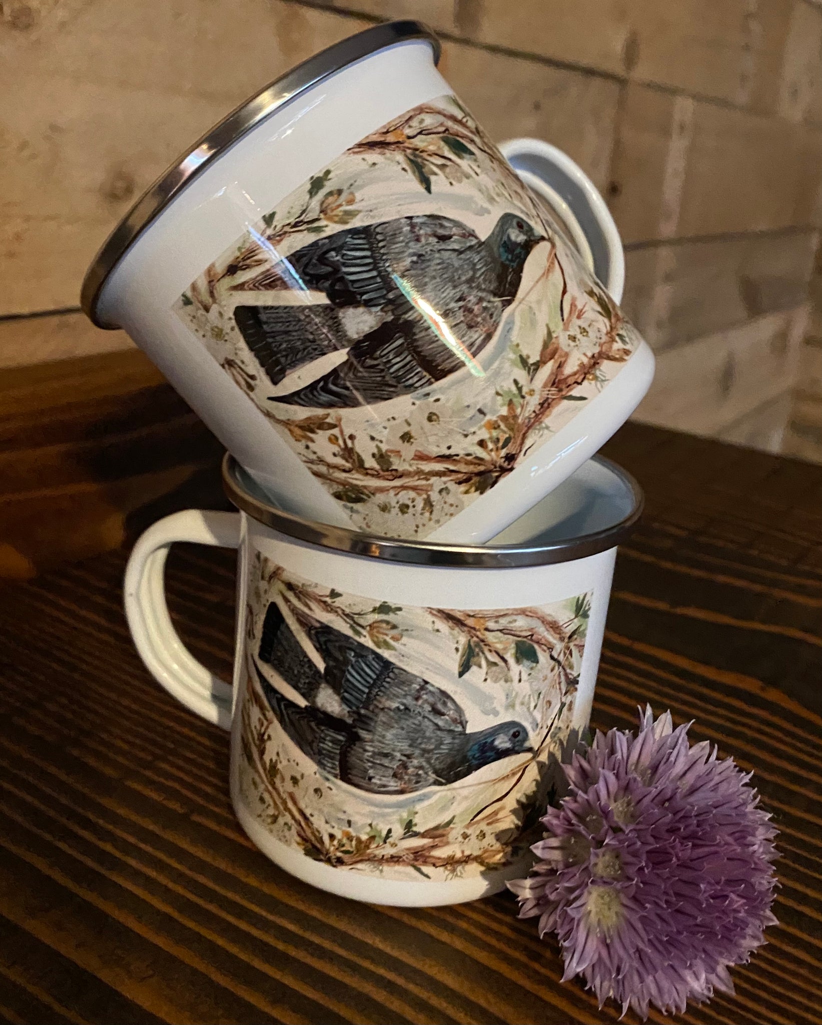 Pigeon in the blossom silver rimmed enamel cup