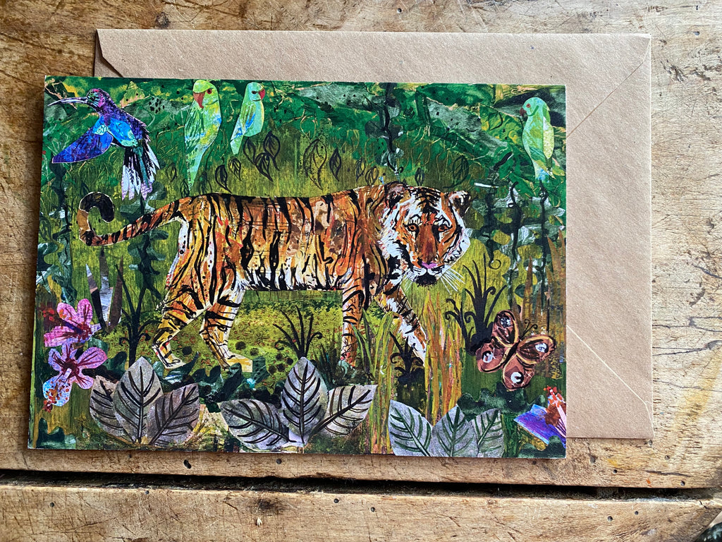 A5 “Tiger and the Parakeets” Blank Greeting card.