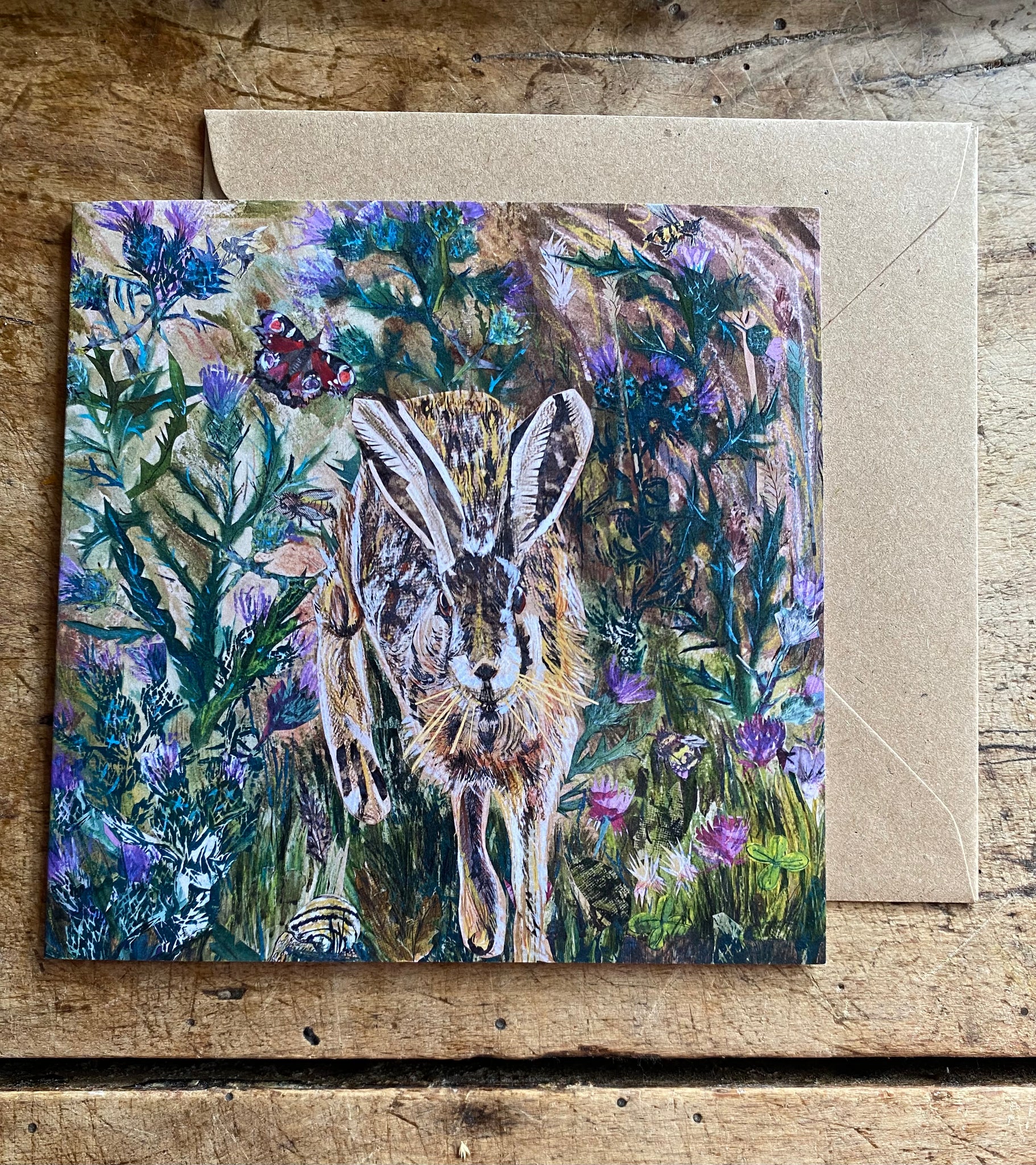 Hare in Thistles - Square blank  Greeting Card