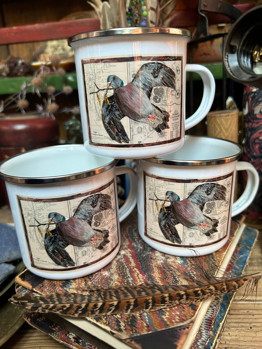Wood Pigeon silver rimmed enamel cup