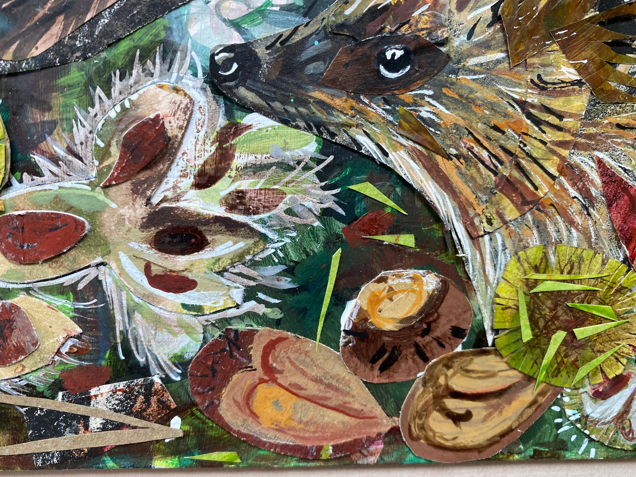 Hedgehogs and chestnuts - Original Mixed Media Framed Painting.