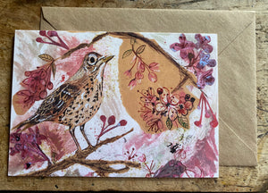 A5 Song Thrush in the cherry blossom-Blank Greeting card.