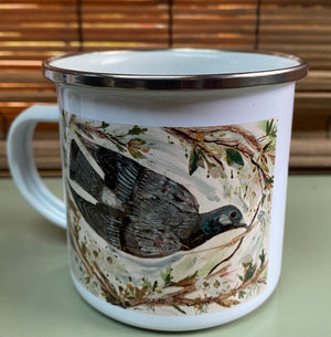 Pigeon in the blossom silver rimmed enamel cup