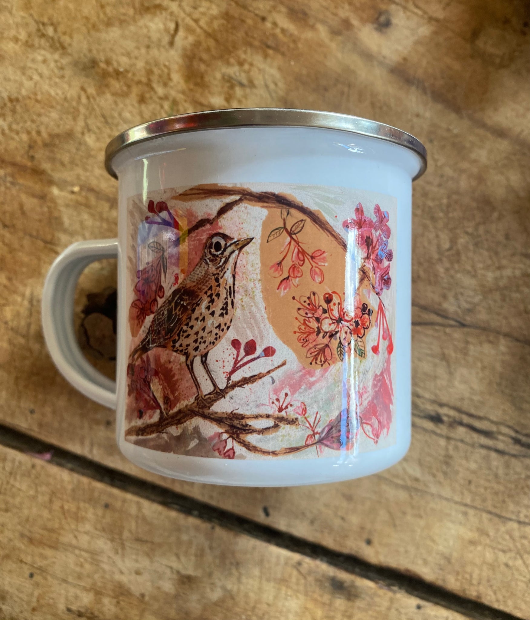 Song Thrush silver rimmed enamel cup