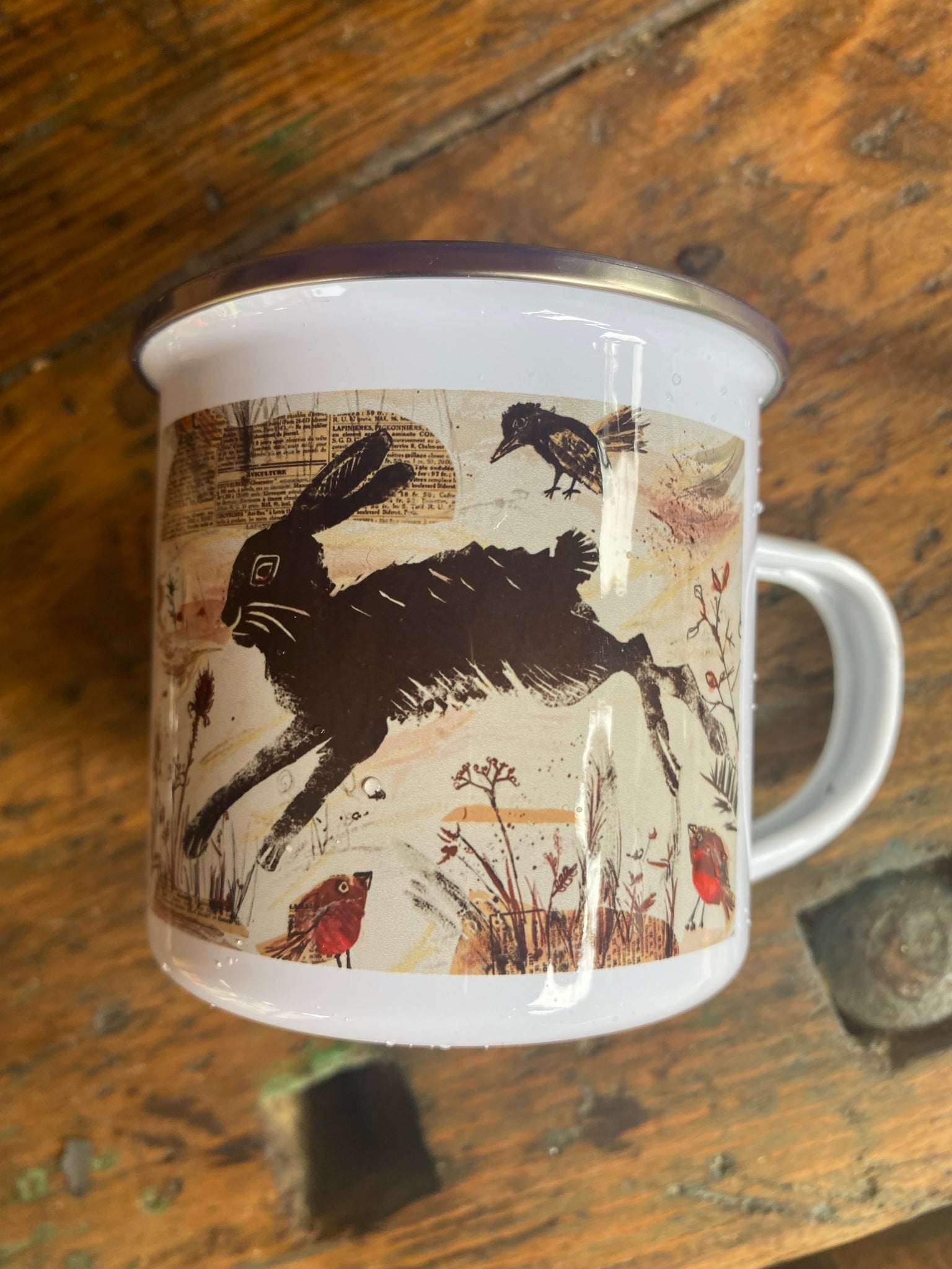 Leaping Hare silver rimmed enamel cup