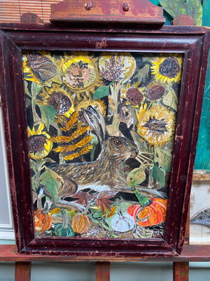 Hare in the Sunflowers- Original Mixed Media Framed Painting.