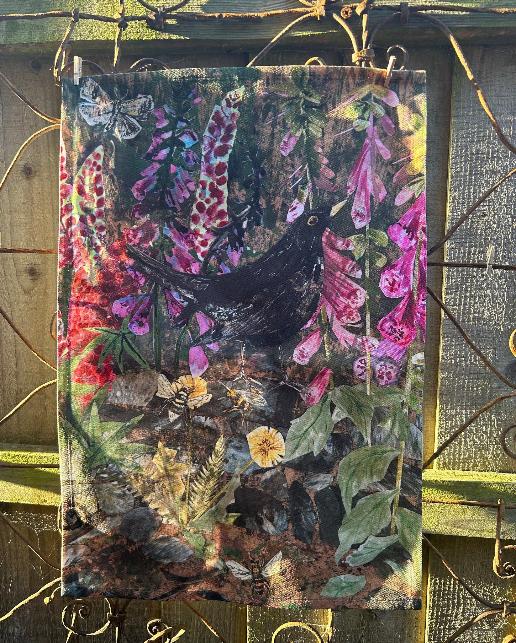 Blackbird in the foxgloves-Cotton Mix Tea towel