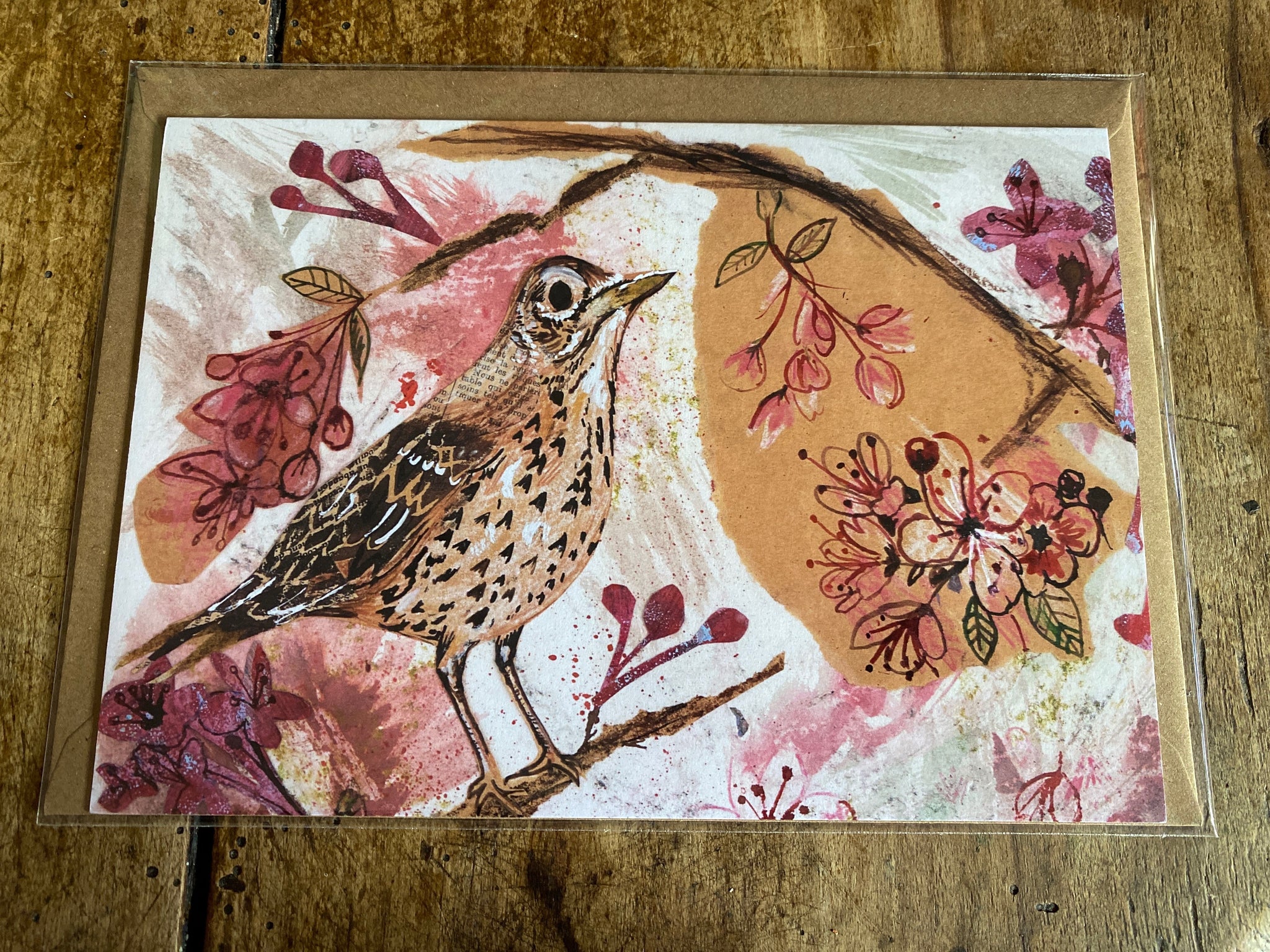 A5 Song Thrush in the cherry blossom-Blank Greeting card.