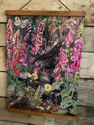 A3 Blackbird in the foxgloves art print