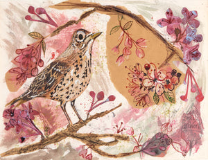 A5 Song Thrush in the cherry blossom-Blank Greeting card.